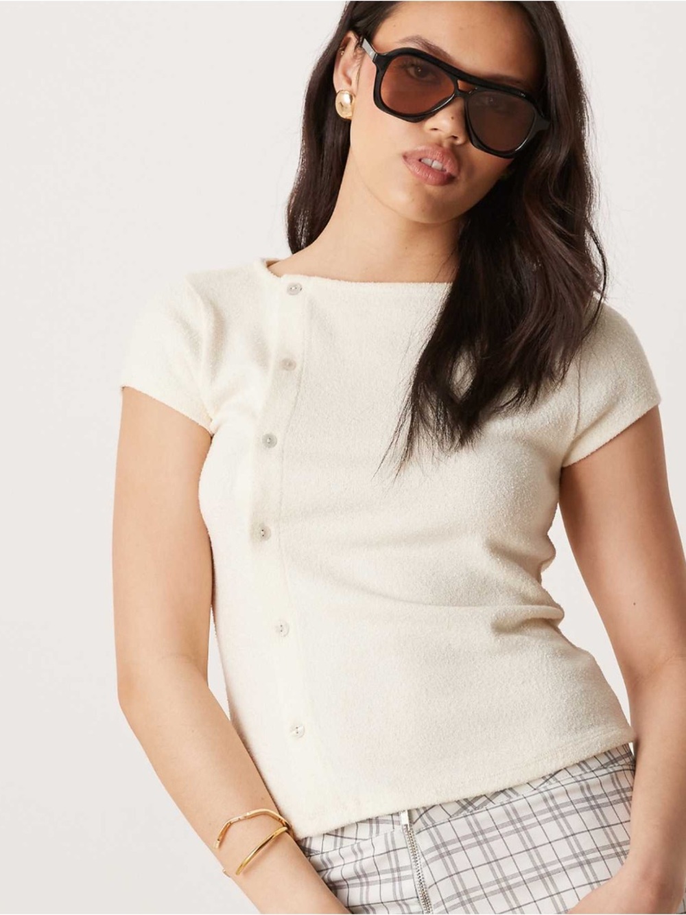 ASOS Cream Short Sleeve Button-Trim Knit Top